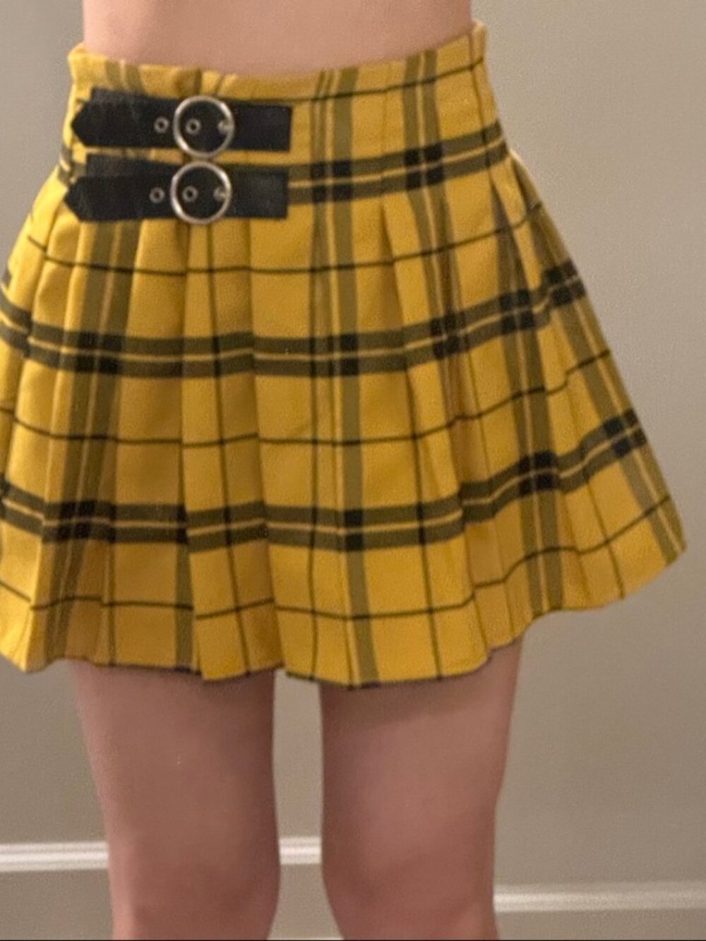Forever 21 Yellow Black Plaid Pleated Mini Skirt XS Buckle Belt Y2K Clueless
